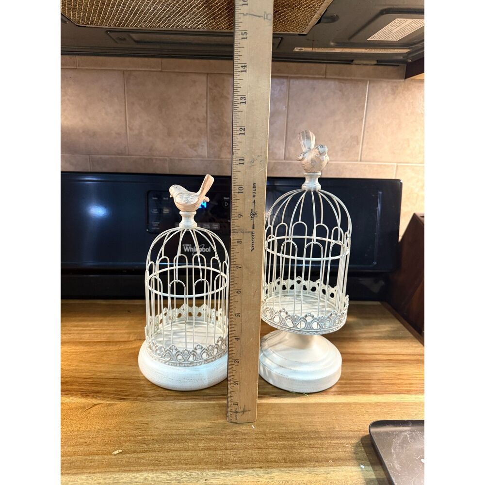 Distressed White Decorative Birdcage Candle Holder Set | Rustic Farmhouse Birds - Picture 4 of 6